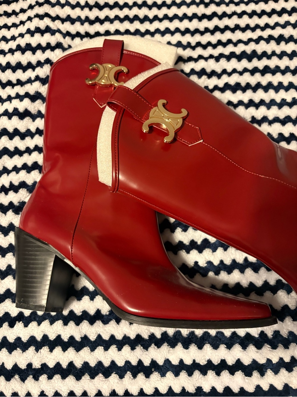 Fashion Nova Red Patent Leather Heeled Boots with Gold Accent